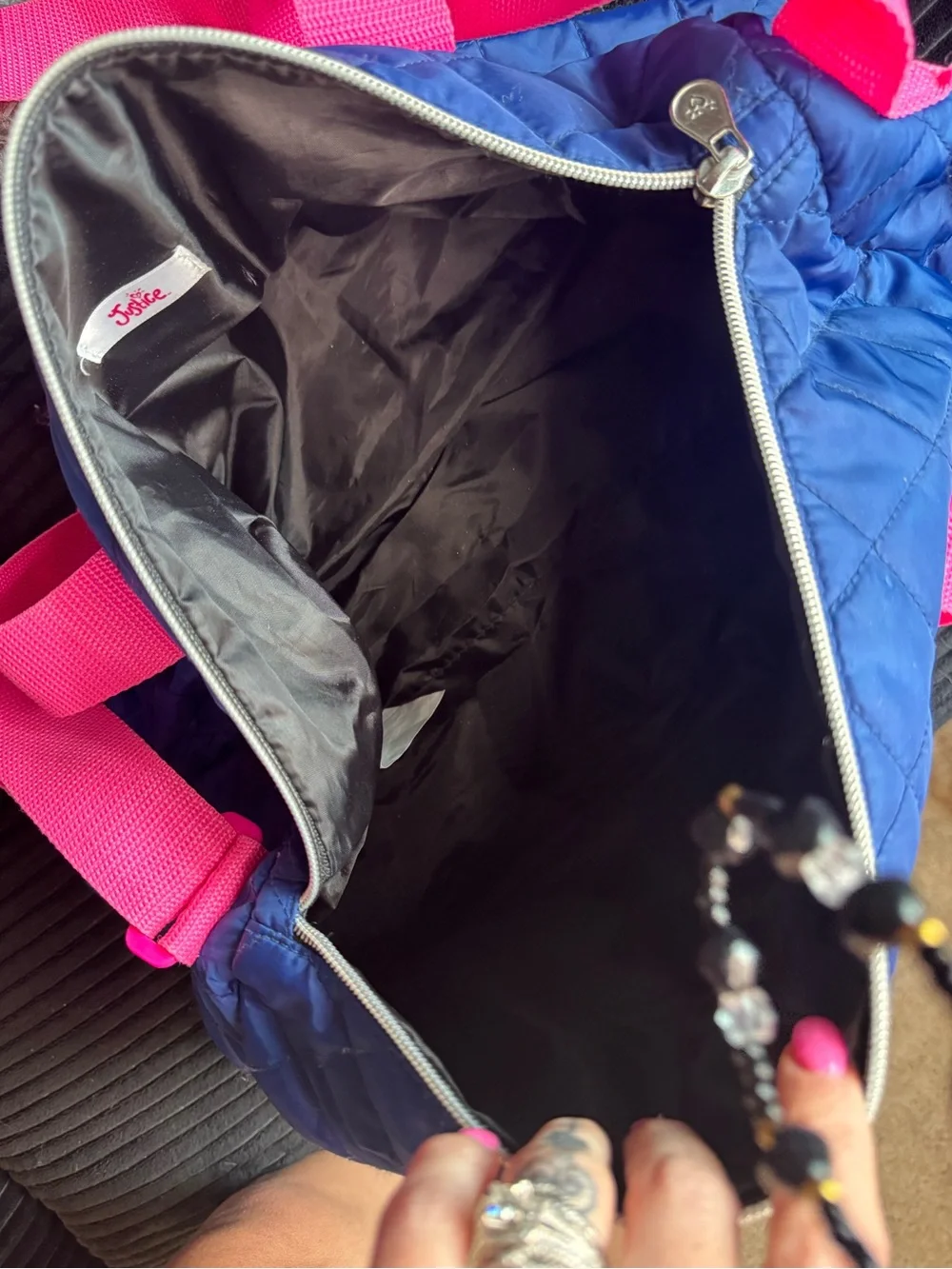 Justice Quilted Navy Duffel with Hot Pink Accents